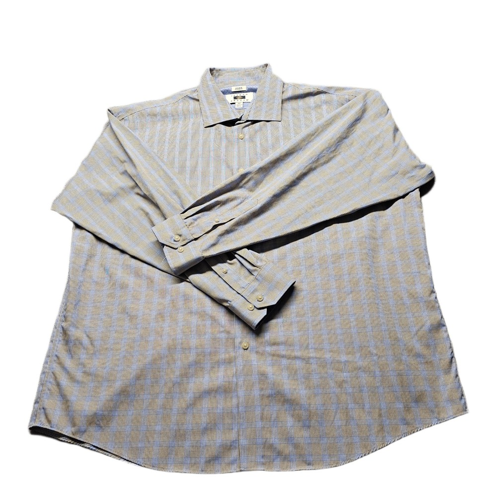 Joseph Abboud Shirt Mens 2X Blue Tan Plaid Non-Iron Classic Fit Casual Button Up
